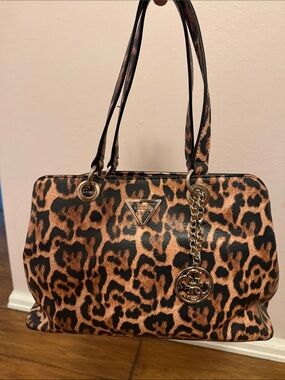 GUESS Leopard-Print Shoulder Tote in Brown and Black